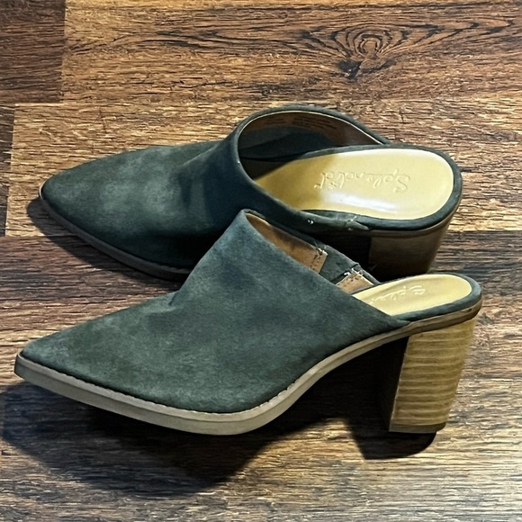 Splendid Green Pointed Toe Block Heel Suede Slide On Leather Mules - Picture 2 of 5